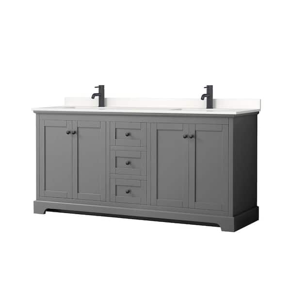 Wyndham Collection Avery 72 in. W x 22 in. D x 35 in. H Double Bath Vanity in Dark Gray with White Quartz Top