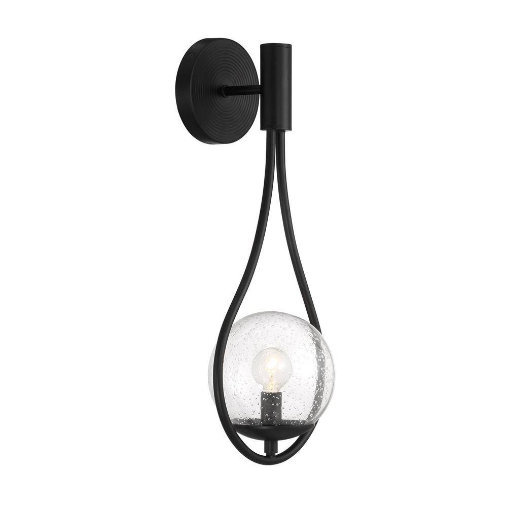 Matte Black Teardrop Sconce with Clear Seeded Glass Shade