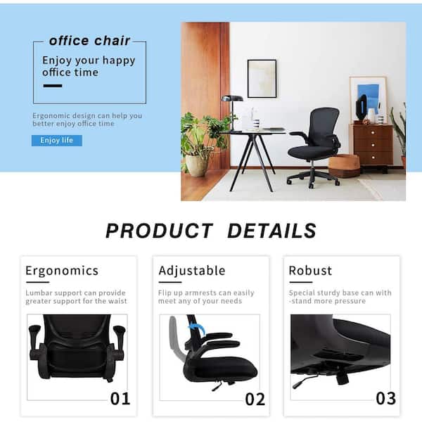Neo Chair Adjustable Office Chair with Flip-Up Padded Armrest Ergonomic Back Support, Black