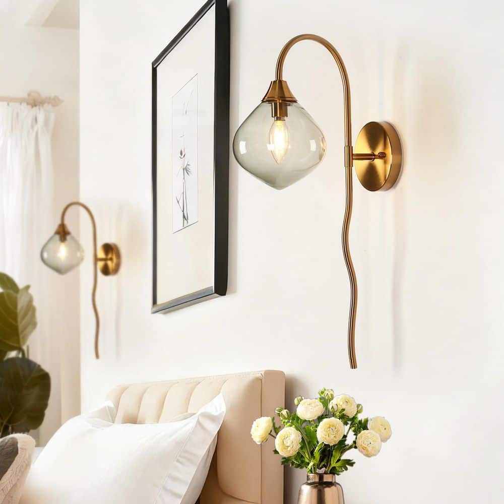 Modern 6 in. 1-Light Brass Wall Sconce with Smoky Grey Blown Glass Globe Contemporary Damp-rated Bathroom Vanity Light price history on PriceWatchPro
