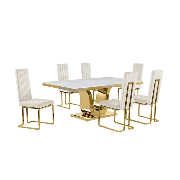 Best Quality Furniture Ada 7-Piece Rectangle White Marble Top With Gold Stainless Steel Dining Set With 6 Cream Velvet Gold Chrome Chairs