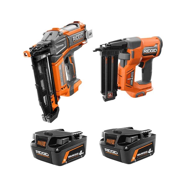RIDGID 18V Brushless Cordless 16-Gauge Straight Finish Nailer with 18-Gauge Brad Nailer and (2) MAX Output 4.0 Ah Batteries