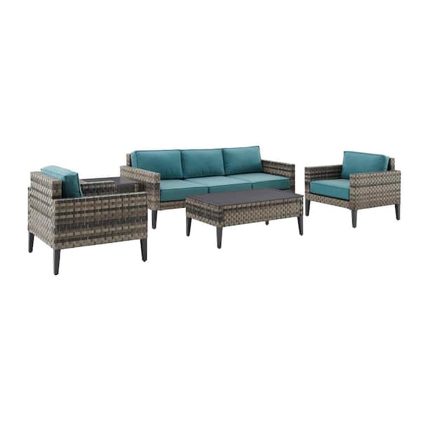 CROSLEY FURNITURE Prescott Brown 5-Piece Wicker Patio Conversation Set with Marine Blue Cushions