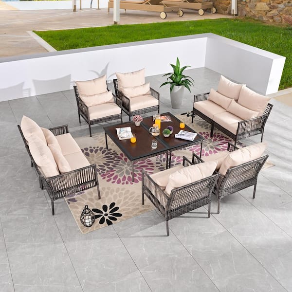 Patio Festival 10-Piece Wicker Outdoor Conversation Set with Beige Cushions