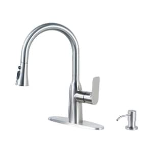 Single Handle Pull Down Sprayer Kitchen Faucet with Soap Dispenser in Vibrant Stainless Steel in Polished Chrome