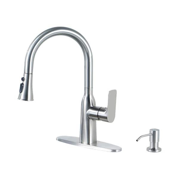 IVIGA Single Handle 3-Mode Stainless Steel High Arc Pull Down Sprayer Kitchen Faucet with Soap Dispenser in Polished Chrome