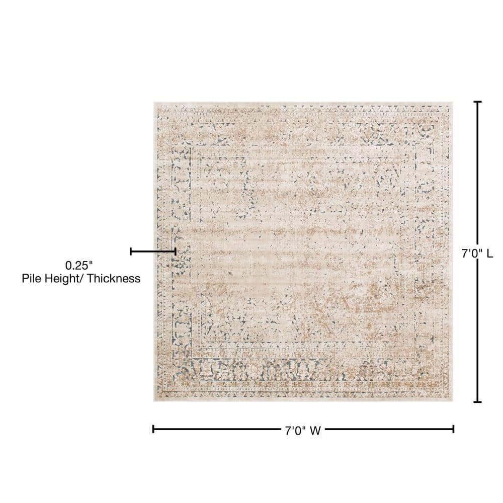 Beige and Light Brown Square Stain-Resistant Rug