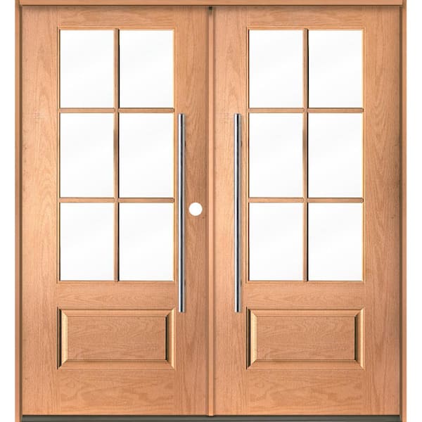 Krosswood Doors UINTAH Faux Pivot 72 in. x 80 in. 6-Lite Left-Active/Inswing Clear Glass Teak Stain Double Fiberglass Prehung Front Door