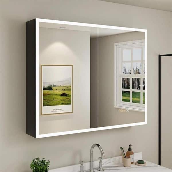 HBEZON Cloris 40 in. W x 32 in. H Rectangular Aluminum Black Medicine Cabinet with Mirror and Light, Interior Lighting