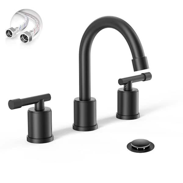 Matte Black 8 in. 3-Holes Bathroom Faucet, 2-Handles Widespread Bathroom Sink Faucet with Metal Pop-Up Drain