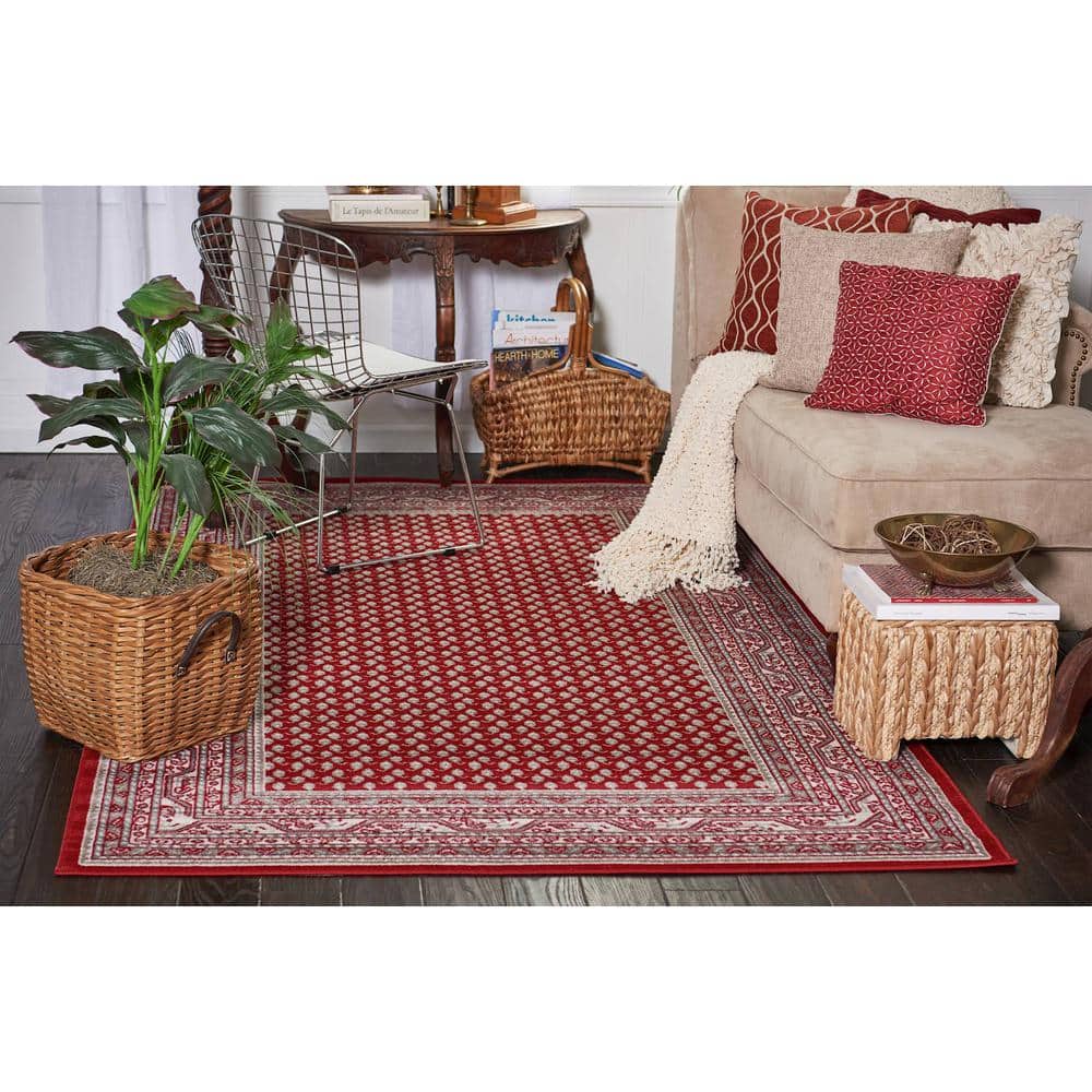 Red and Ivory Rectangular Synthetic Woven Area Rug