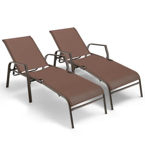 ANGELES HOME Brown Outdoor Patio Chaise Lounge Folding Lounge Chair Set with Adjustable Backrest (Set of 2)