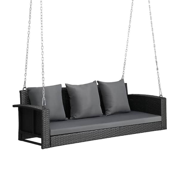 VINGLI 60 in. 3-Person Black Wicker Porch Swing with Grey Cushions, 140 in. L Adjustable Chains, Patio Swing for Outdoors