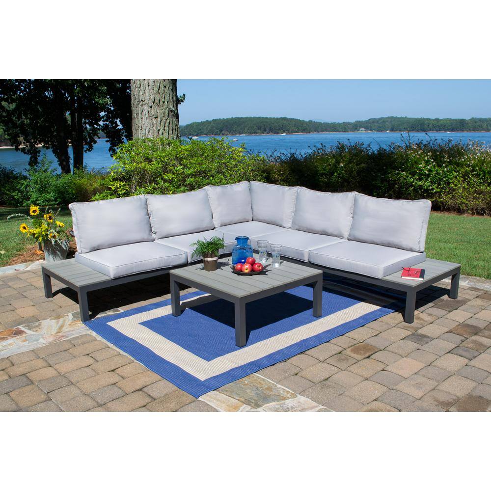 Light Gray Aluminum 5-Person Outdoor Sectional Set with Poly-Lumber Table