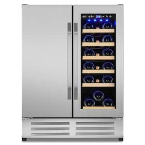 24 in.Dual Zone 20-Wine Bottles and 88-Can Built-In and Freestanding with French Door Beverage Cooler in Stainless Steel