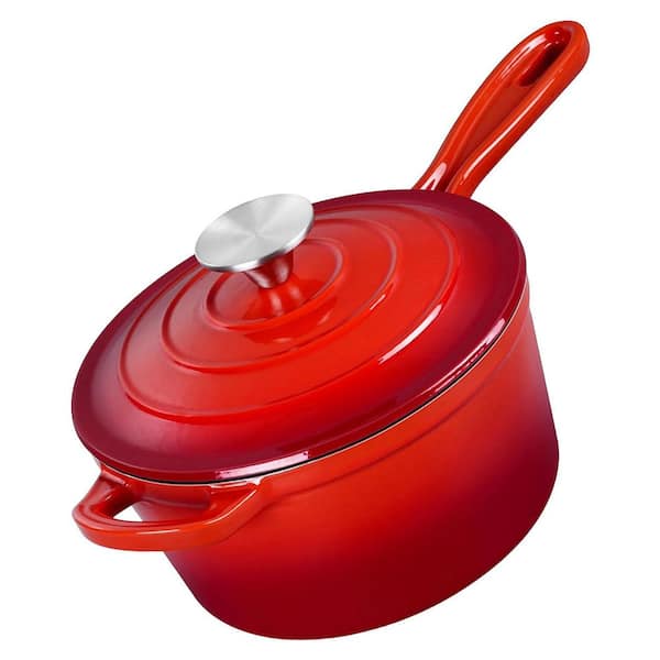 1 qt. Cast Iron Nonstick Sauce Pan in Red with Lid, Enamel Coated, Induction Compatible, Easy Clean