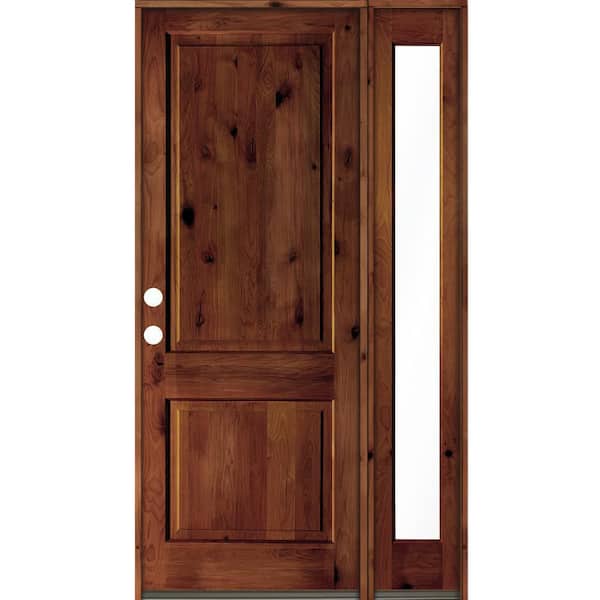 Krosswood Doors 50 in. x 96 in. knotty alder Right-Hand/Inswing Clear Glass Red Chestnut Stain Square Top Wood Prehung Front Door w/RFSL