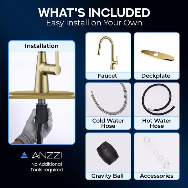 ANZZI Modern Satin Brass 15.86 in. H Pull-Down Kitchen Faucet with