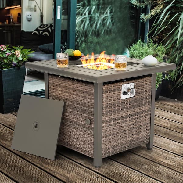 30 in. x 25 in. Square Rattan Propane Gas Brown Fire Pit Table with Lid and Glass Beads