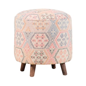 18 in. Multicolor Backless Wood Frame Ikat Pattern Round Accent Stool