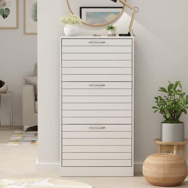 42.3 in. H x 22.4 in. W White Wooden Shoe Storage Bench, Storage Cabinet with Silver Handles and 3 Drawers, for 18-Pairs