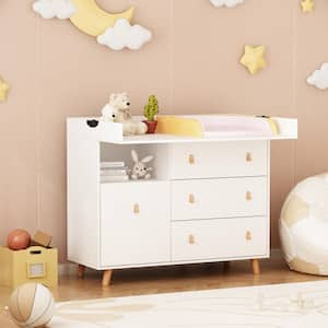 White 4-Drawer 45 in. Width, Wooden Stylish Chest of Drawers, Dresser, Storage Cabinet with Open Shelf