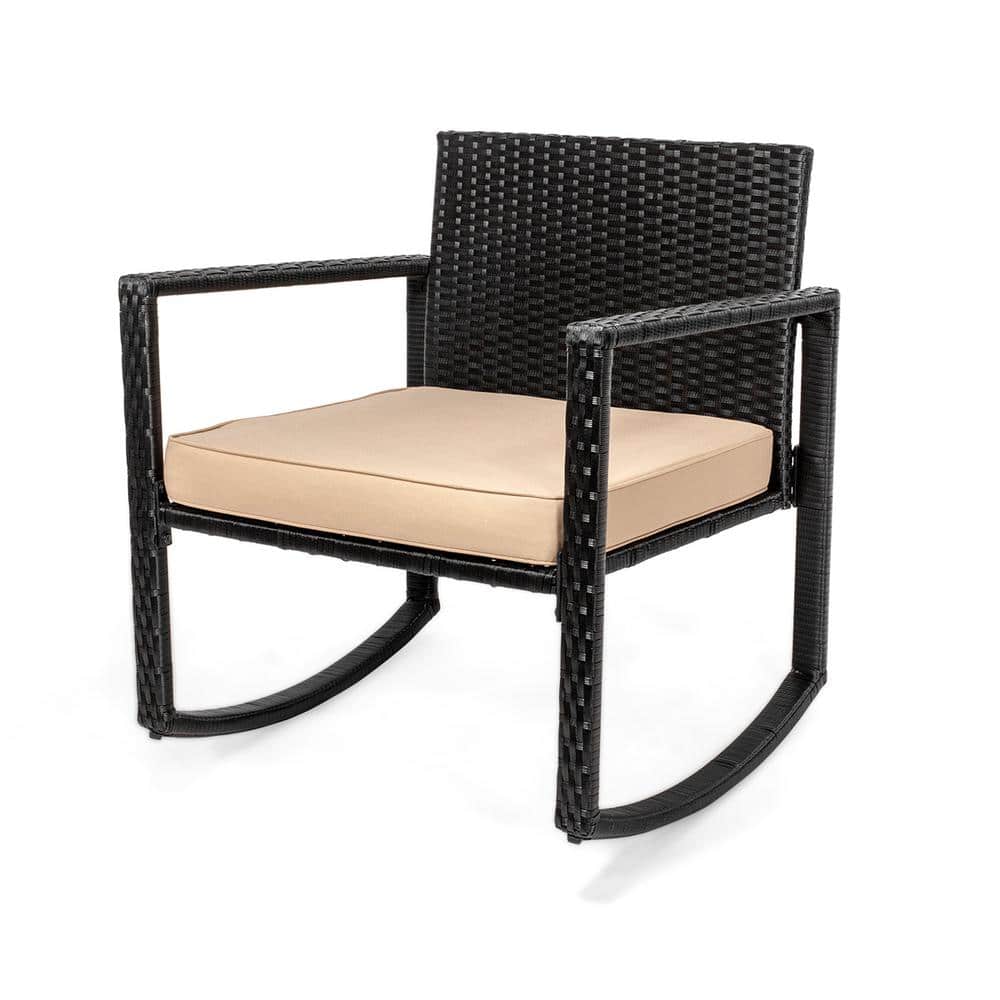 Black Steel and Beige Wicker Rocking Bistro Set with Glass Table