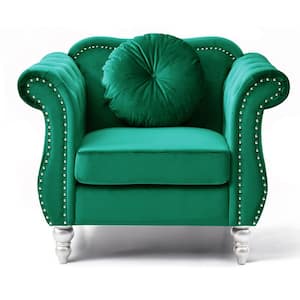 Hollywood Green Chesterfield Tufted Velvet Accent Chair with Round Throw Pillow