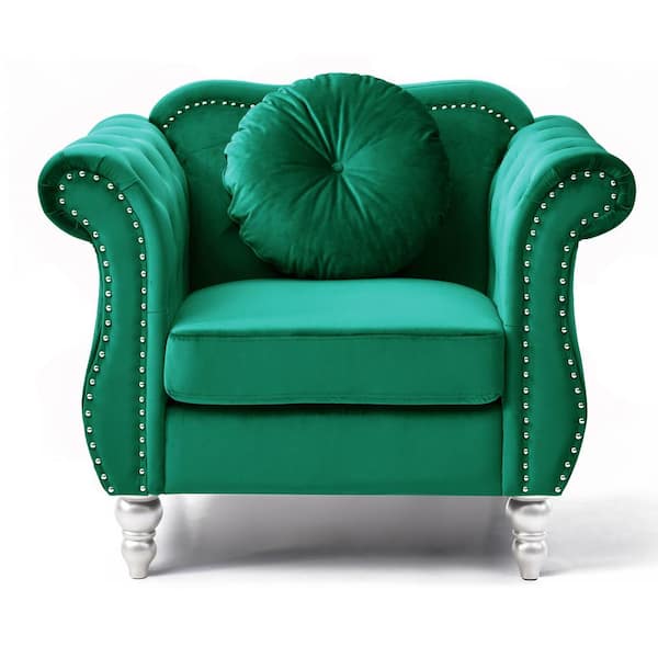 AndMakers Hollywood Green Chesterfield Tufted Velvet Accent Chair with Round Throw Pillow