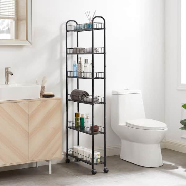 6-Tier Black Metal Rolling Wire Rack, Storage Shelving Unit for Laundry Bathroom Kitchen Garage-22.8 in. W x 6 in. D