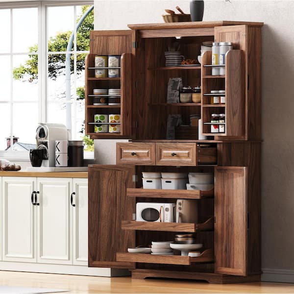 Brown 71 in. Tall Accent Storage Cabinet with 3-Pull Out Cabinet Organizers, 6-Door Shelves, 2-Drawers