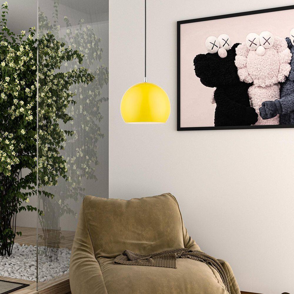 15" Shiny Yellow and Polished Chrome Aluminum Globe Pendant Light