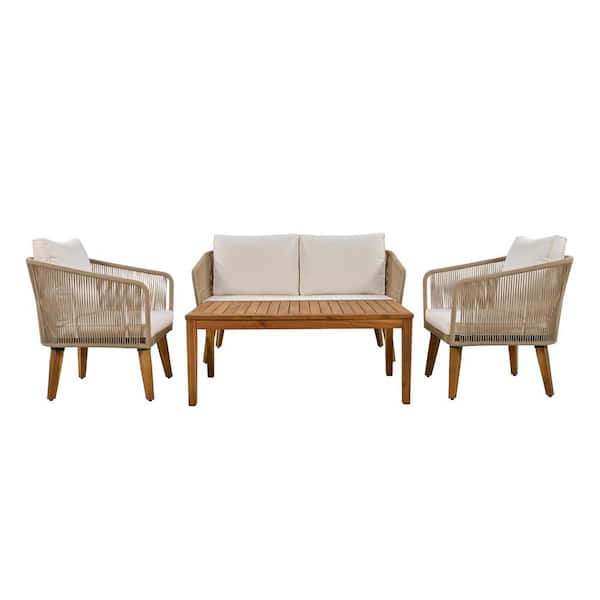 Angel Sar 4-Piece Patio Conversation Set with Beige Cushions, Solid Wood Loveseat, 2 Chairs and Table