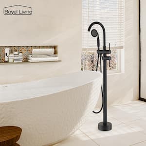 6 GPM 2-Handle Floor Mount Freestanding Tub Faucet with Hand Shower and Built-in Valve in Matte Black
