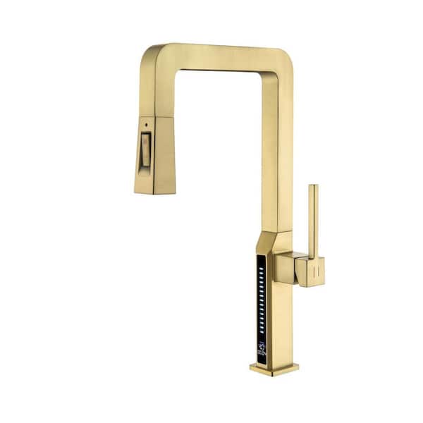 Single Handle 17 in. H Pull Down Sprayer Kitchen Faucet with Digital Display in Brushed Gold