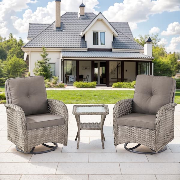 moosprr Gray 3-Piece Wicker Outdoor Rocking Chair with Gray Cushions and Side Table