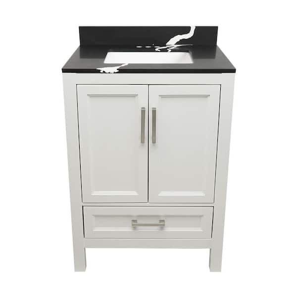 Ella Nevado 25 in. W x 19 in. D x 36 in. H Bathroom Vanity in White with Calacatta Black Quartz Stone Vanity Sink Top