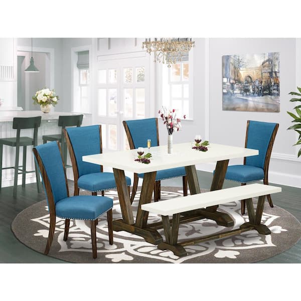 East West Furniture 6-Piece Rectangle Distressed Jacobean Finish Solid Wood Top Dining Table with 1-Bench, 4-Chairs with Lattice Back