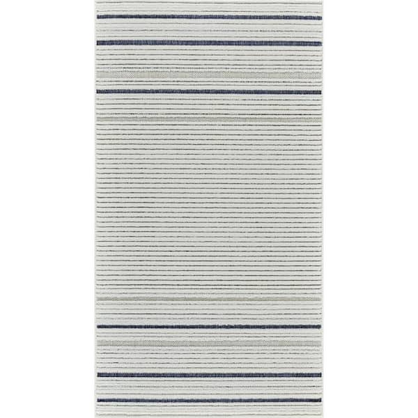 Blue, Cream 3 ft. x 5 ft. Woven Striped Polypropylene Rectangle Indoor/Outdoor Area Rug