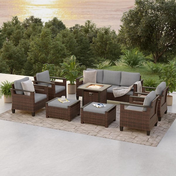8 Pieces Brown Wicker Linen Grey Cushion Patio Conversation Set with Square Firepit Table and Ottomans