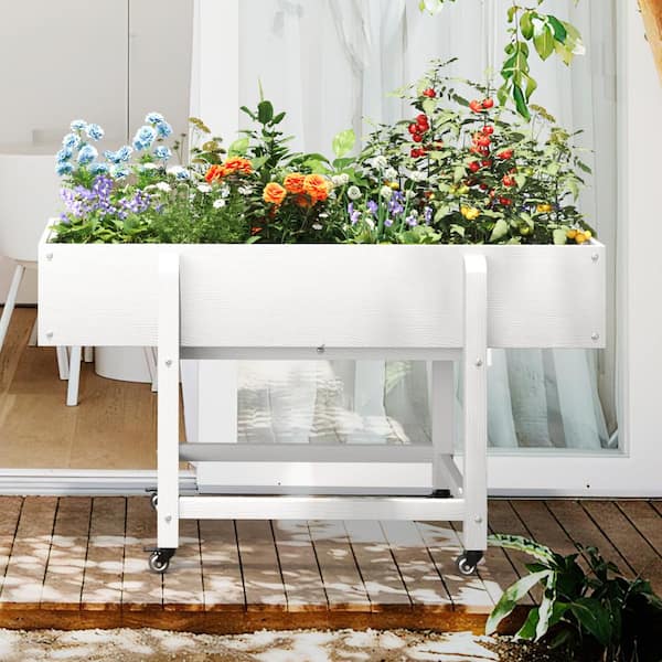 LUE BONA 48 in. x 20 in. x 28 in.White Plastic Raised Garden Bed Mobile Elevated Planter Box with Lockable Wheels and Liner