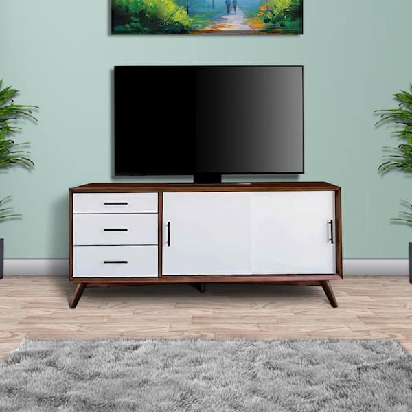 Benjara 64 in. Brown and White Wood TV Stand Fits TVs up to 55 in. with 3 Drawers and 2 Rolling Doors