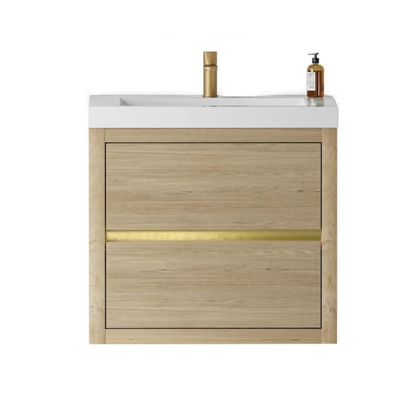 23.62 in. W x 19.69 in. D x 22.44 in. H Wall-Mounted Bath Vanity in Oak Natural Wood with White Resin Top