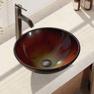 Glass Vessel Sink in Gradient Red with R9-7001 Faucet and Pop-Up Drain in Antique Bronze