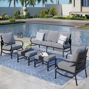 Black 5-Piece Metal Slatted 7-Seat Outdoor Patio Conversation Set with Gray  Cushions and 2 Ottomans