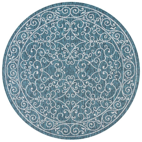 Charleston Vintage Filigree Textured Weave Teal/Gray 5 ft. Round Indoor/Outdoor Area Rug