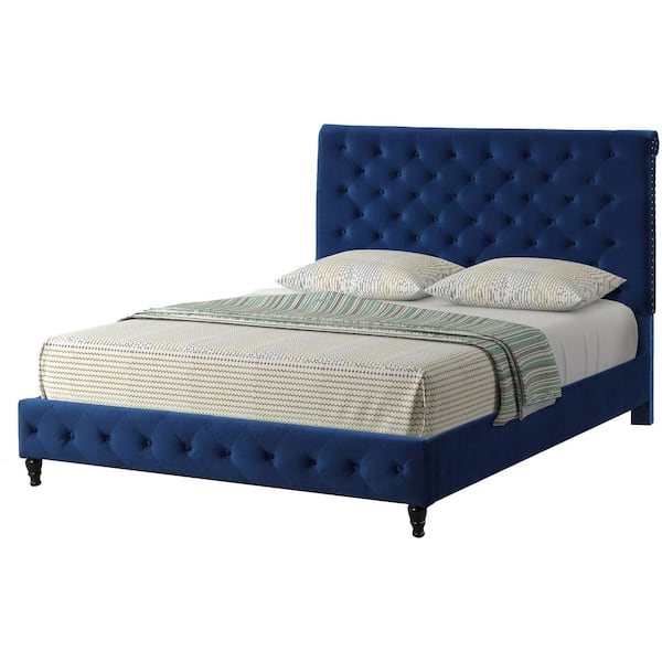 Best Master Furniture Blue Clover Velvet King Platform Bed with Nail Head Trim