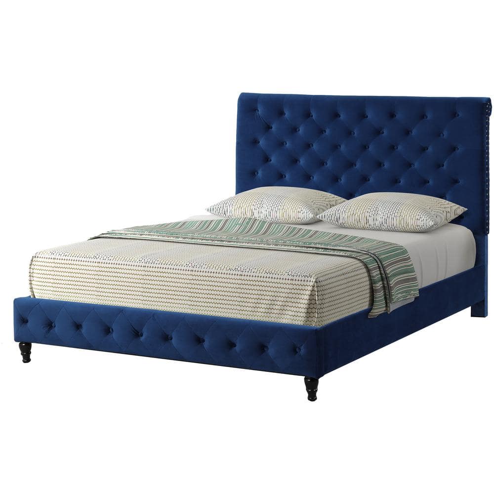 Queen Blue Velvet Tufted Upholstered Bed with Nailhead Trim