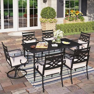 Black 7-Piece Metal Outdoor Dining Set with Slat Table-top and Cast Iron Pattern Swivel Chairs with Beige Cushions