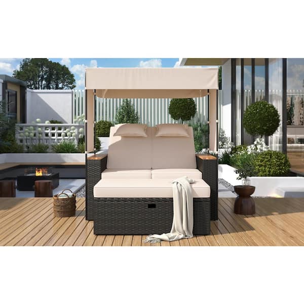 Sudzendf 2-Piece Wicker Outdoor Day Bed with Beige Cushions, Outdoor Loveseat Patio Sofa with Bench Lounge Roof Set